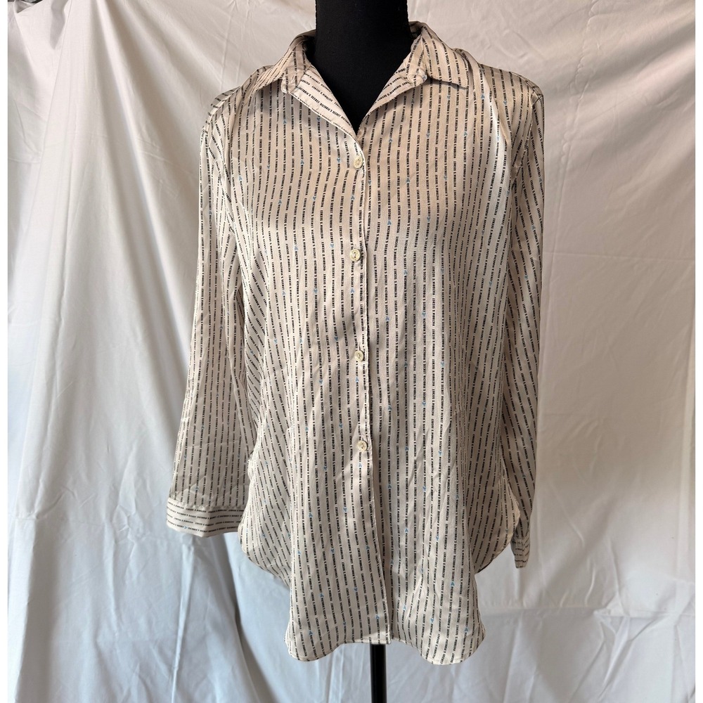 Victorias Secret Satin Sleep Shirt Ivory Logo Stripe Blue Heart Button Down S